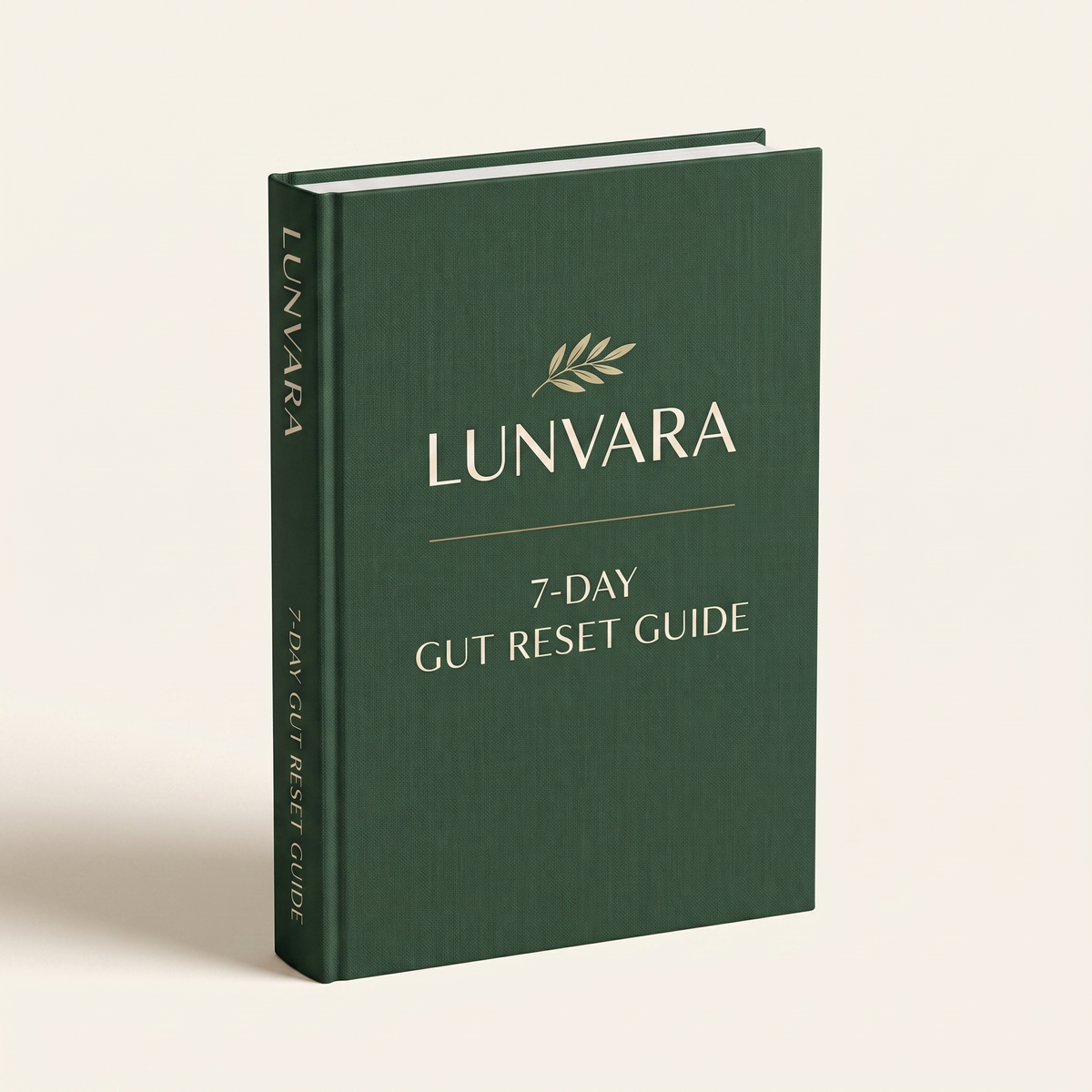 Free 7-Day Gut Reset Guide eBook by Lunvara — deep green hardcover with gold foil detail